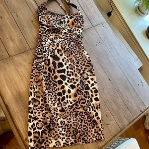 Caché halter leopard print cocktail dress
